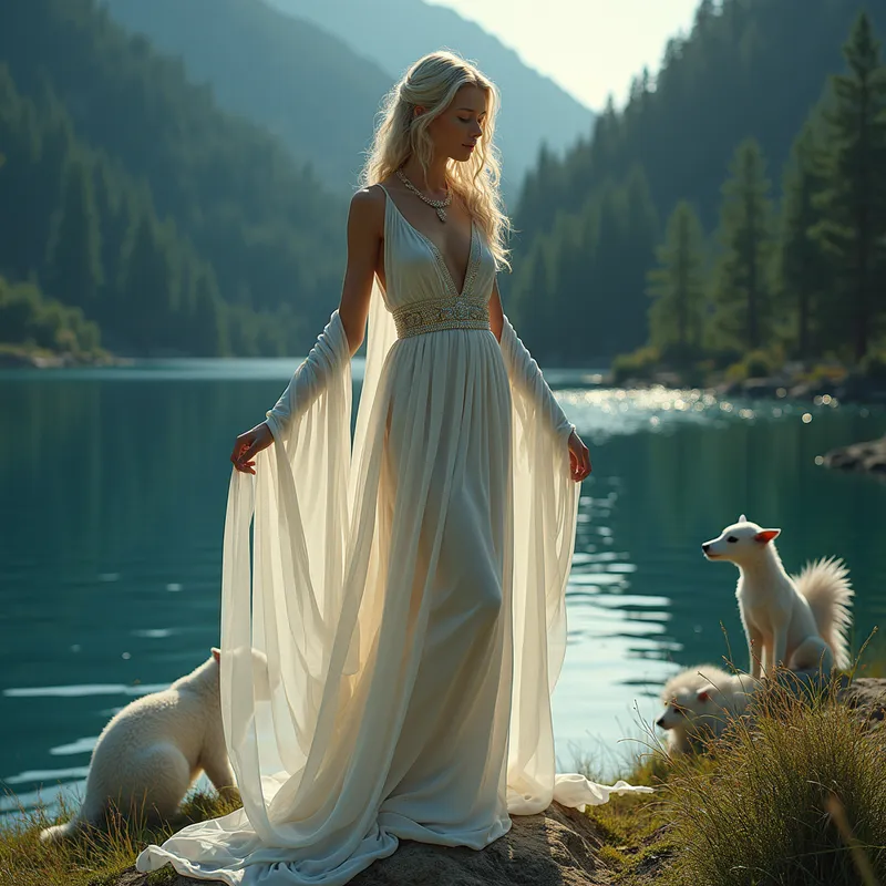 Ethereal Demigoddess - A majestic and ethereal demigoddess, daughter of Hermaphroditus, standing gracefully by a serene lake with her harmonious blend of divine beauty. Her appearance showcases both masculine and feminine features, adorned in flowing, celestial garments that shimmer under the moonlight. Around her, the aura of transcendence and beauty is palpable, with mythical creatures reverently surrounding her. - AI image generated with Photorealistic 2