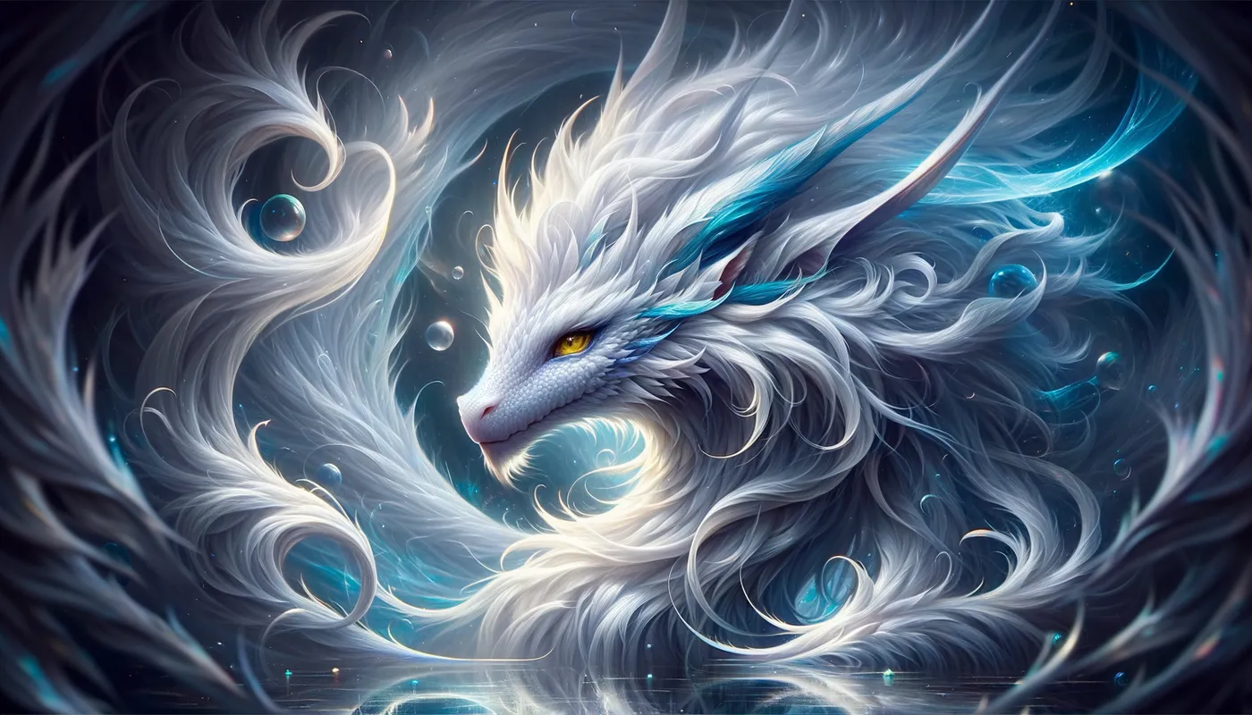 Ethereal Dragon - The image is centered on a mystical dragon that embodies an ethereal spirit. It stares ahead with a profound, serene, yet commanding gaze. A full, flowing mane with white and light blue strands shines around its visage. The base of its white fur delicately shifts into light blue shades, and its narrow yellow eyes add a fierce contrast. - AI image generated with Art - fantasy art, distorted reflections and shadows