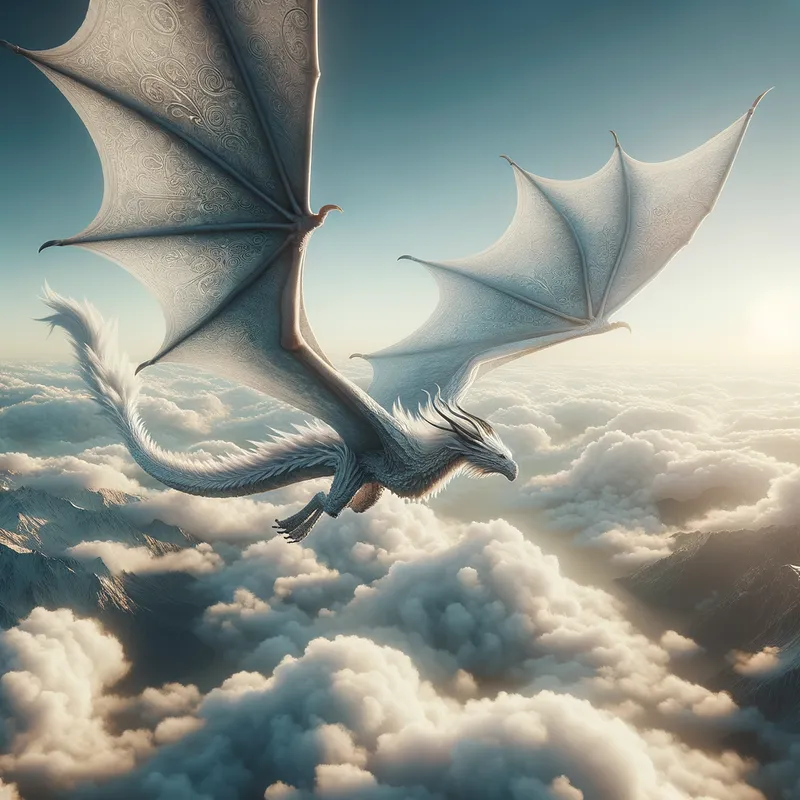 Ethereal Dragon Soar - A breathtaking bird's eye view of an elegant dragon soaring through the sky, its wings stretched wide and full of intricate patterns and textures. The scene is calm and ethereal, with soft sunlight illuminating the dragon's form and casting delicate shadows on the clouds below. - AI image generated with Art