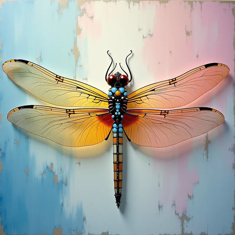 Ethereal Dragonfly - Creamy blues, pinks & yellow crystal see through dragonfly - AI image generated with Photorealistic 2 - oil art