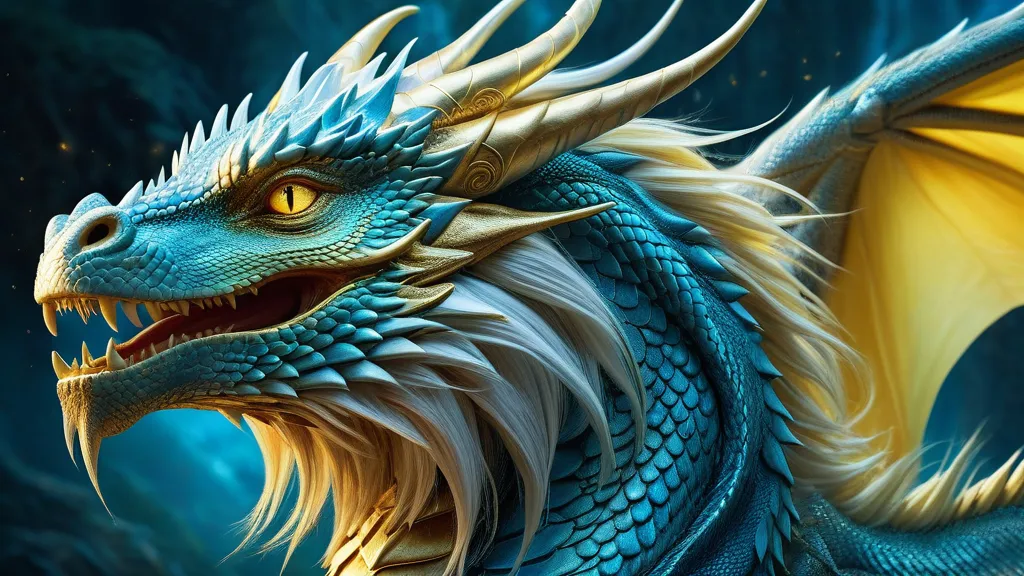 Ethereal Dragon's Gaze - The image is centered on a mystical dragon that embodies an ethereal spirit. It stares ahead with a profound, serene, yet commanding gaze. A full, flowing mane with golden and light blue strands shines around its visage. The base of its golden fur delicately shifts into light blue shades, and its narrow yellow eyes add a fierce contrast. - AI image generated with Fictional - photorealistic, ethereal and inspirational, oil art