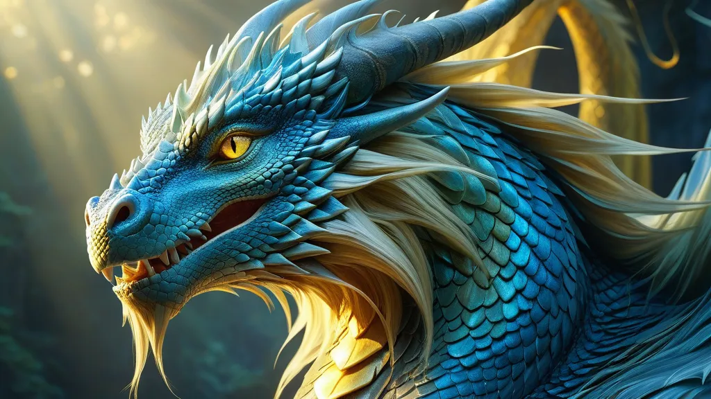 Ethereal Dragon's Gaze - The image is centered on a mystical dragon that embodies an ethereal spirit. It stares ahead with a profound, serene, yet commanding gaze. A full, flowing mane with golden and light blue strands shines around its visage. The base of its golden fur delicately shifts into light blue shades, and its narrow yellow eyes add a fierce contrast. - AI image generated with Fictional - photorealistic, ethereal and inspirational, oil art
