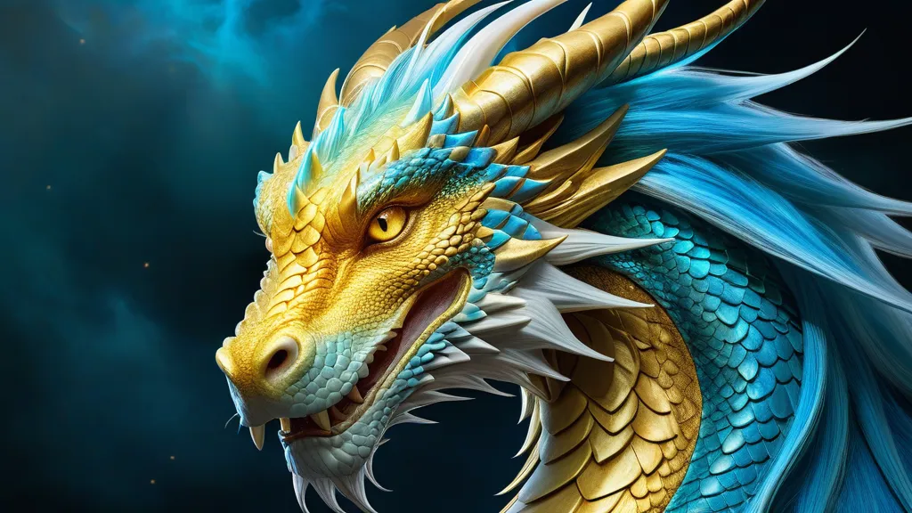 Ethereal Dragon's Gaze - The image is centered on a mystical dragon that embodies an ethereal spirit. It stares ahead with a profound, serene, yet commanding gaze. A full, flowing mane with golden and light blue strands shines around its visage. The base of its golden fur delicately shifts into light blue shades, and its narrow yellow eyes add a fierce contrast. - AI image generated with Fictional - photorealistic, ethereal and inspirational, oil art