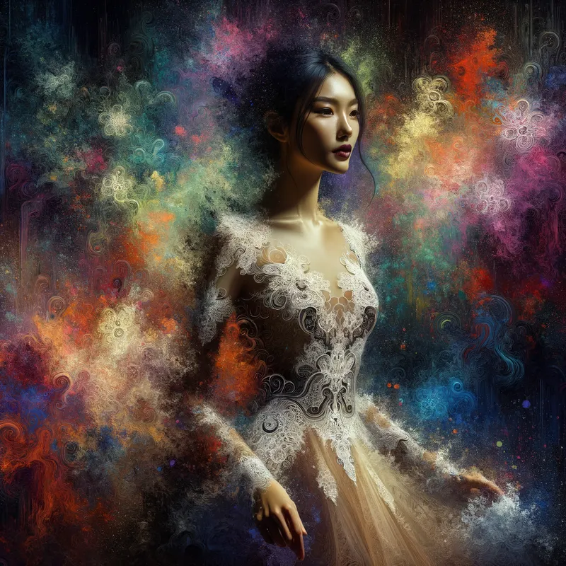 Ethereal Elegance - An elegant woman in a full body portrait, wearing a lace fractal dress in a surreal environment with splashes of vibrant colors. The painting is done in a speed paint style with large brush strokes and intricate details. - AI image generated with Art - dark tones
