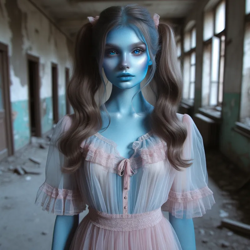 Ethereal Elegance - A young woman with light blue skin, long brown hair styled in pigtails, and large breasts. She has a slim waist and is wearing a pink little girl dress. Her ghostly figure is see-through and she is standing in an abandoned asylum. - AI image generated with Art