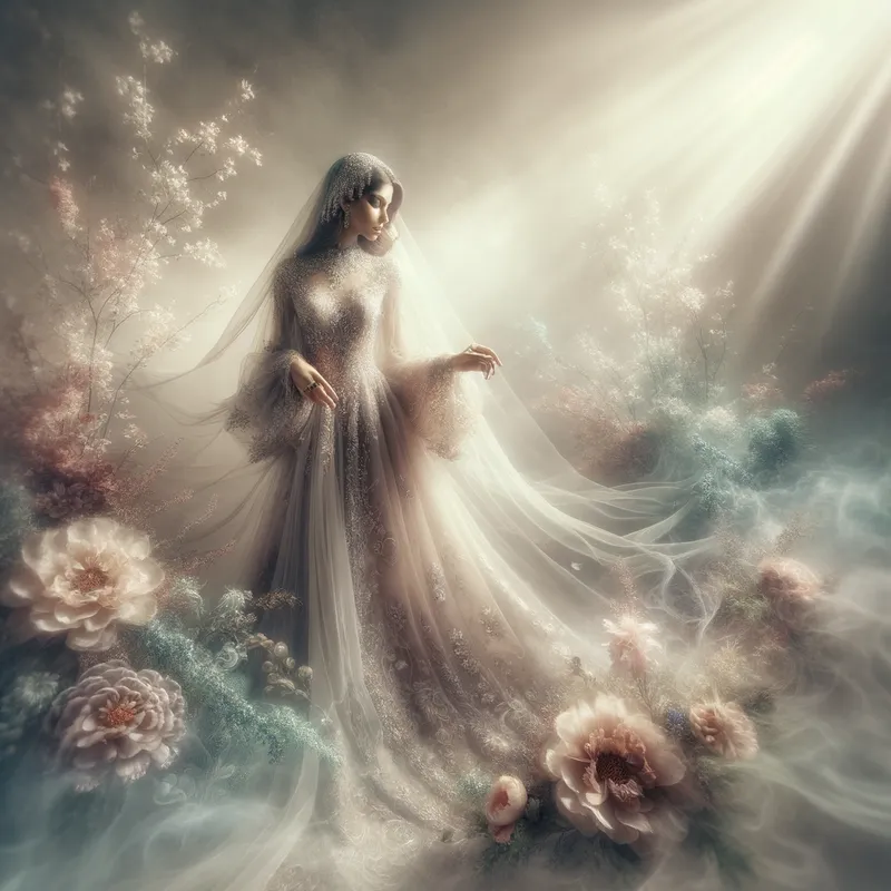 Ethereal Elegance - A dreamlike image of a woman in a flowing, ethereal dress, surrounded by delicate floral elements and a hazy, soft-focus background. - AI image generated with Art