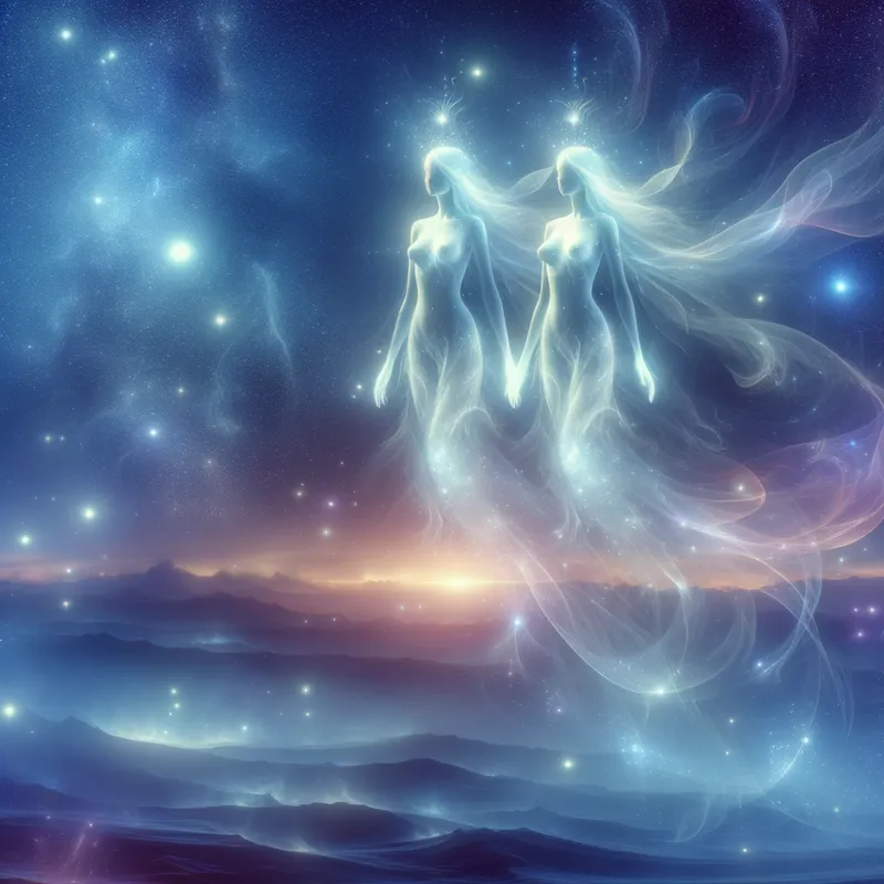 Ethereal Embrace - A fantasy landscape under a starlit sky where two celestial beings, glowing softly, float while tenderly holding each other. Their ethereal forms are intertwined, creating an otherworldly sense of closeness and unity. - AI image generated with Art