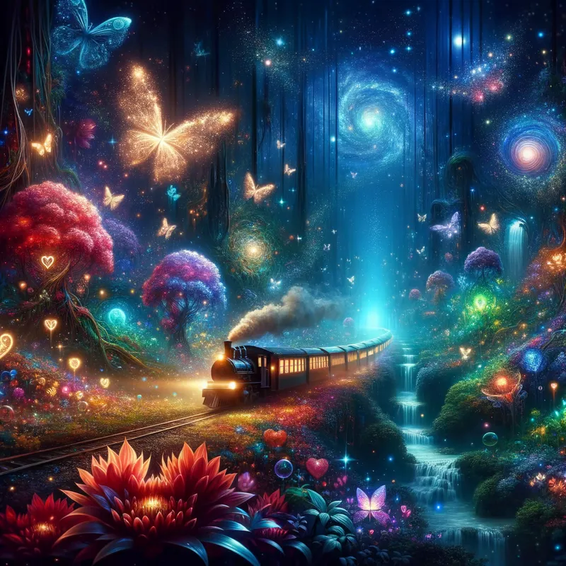 Ethereal Enchantment - A dark train, glitter, Rhonda flowers, galaxy, butterfly's, hearts, sparkles, universe, firefly's, waterfall, garden, fantasy forest, beautiful lit, insanely detailed, stunning environment, spiritual, colorful, illustration, enchanting, fantasy, vibrant colors, incredibly lifelike, realistic - AI image generated with Art