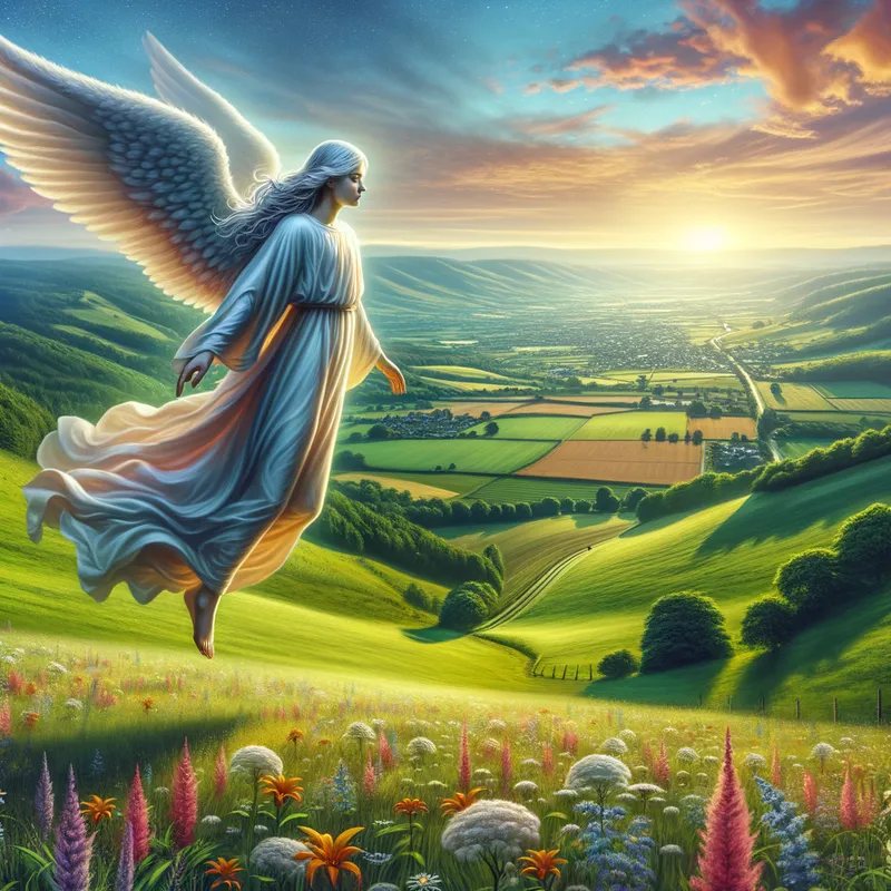 Ethereal Flight - A life-like depiction of a celestial angel, floating mid-air over a vibrant countryside, with rolling hills and flowering meadows stretching into the horizon. - AI image generated with Art