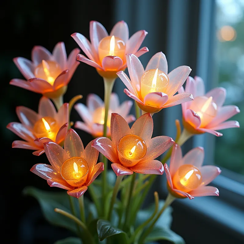 Ethereal Flora - A bouquet of glass flowers with elegant, elongated stems and elaborate petals that appear to be almost weightless, glowing softly in a mystical aura. - AI image generated with Flux