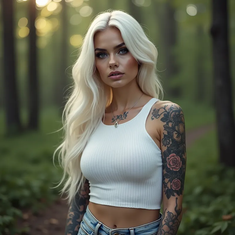Ethereal Forest Muse - photorealistic, photograph very detailed, platinum white-blonde hair (long and voluminous), light gray almond-shaped eyes, sharp cheekbones, defined jawline, naturally full lips but not pouty with soft natural mauve tone, full soft glam makeup with bold lashes and brows, fair skin, distinct Ukrainian features, heavily tattooed black work arms (rose and quote sleeves), modern feminine look, confident, ethereal vibe, fitted white top and light-wash denim jeans gritty natural light and shadows , strong presence, authentic pictured outside in the lush forest of northern New York. - AI image generated with Photorealistic 2 - photorealistic, pastel colors, lens flare