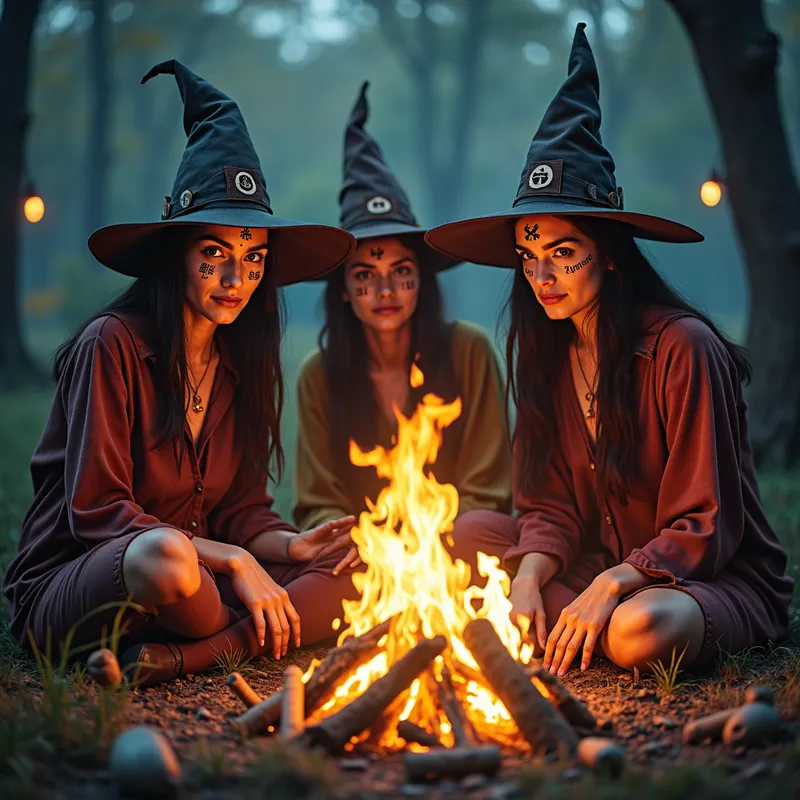 Ethereal Gathering - Traditional Native American witches surround a blazing bonfire, their faces inscribed with enigmatic runes. Ethereal spirits and shadowy specters hover nearby, setting a scene pulsing with ancient magic and an ethereal, haunting beauty. - AI image generated with Photorealistic 2