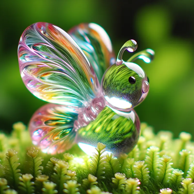 Ethereal Glass Butterfly - A nice and cute blown glass baby Butterfly , natural colors, bright and transparent, on the Grass. - AI image generated with Art
