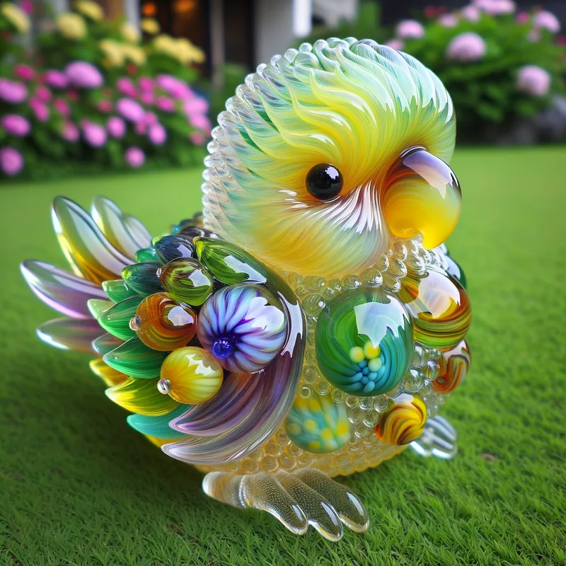Ethereal Glass Parrot - A nice and cute blown glass baby parrot, natural colors, bright and transparent, on the grass lawn. - AI image generated with Art