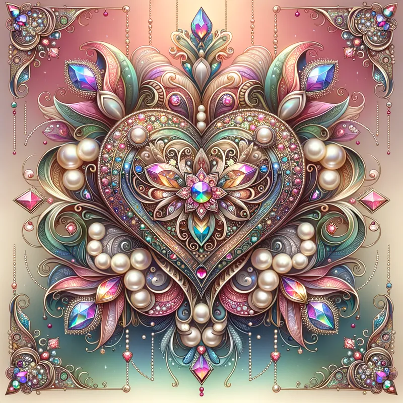 Ethereal Heart Radiance - Create an image of a symmetrical heart with intricate and ornate details, intertwined with gems, with a pearl and gems frame around the whole image,centered on a background with a gradient effect, adorned with detailed patterns resembling jewelry in pastel colors, and surrounded by floral elements with pearl-like centers, vibrant and vivid colors, several hanging sparkling stars. Beautiful frame around the whole image - AI image generated with Art - alcohol ink, fantasy art, colorful