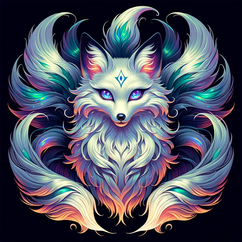 Ethereal Kitsune - A majestic, ethereal nine-tailed fox spirit in the style of anime, with glowing eyes, iridescent fur, and a mystical aura. - AI image generated with Art