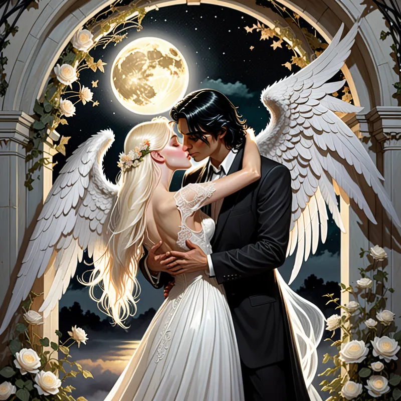 Ethereal Lovers Under the Arbor - A radiant blonde woman with white angel wings in a flowing white wedding dress embraces and kisses a deathly pale man with tousled black hair and a black suit. They stand under a romantic, floral-covered arbor, with a full moon visible in the star-lit sky through a high window. - AI image generated with Fictional - fantasy art