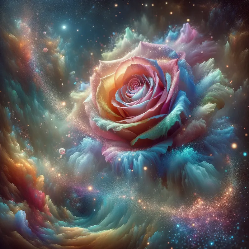 Ethereal Rose - A rose composed of transparent, color-shifting gas rainbow petals that seem to float and dissipate. glitter, sparkles, universe, galaxy - AI image generated with Art