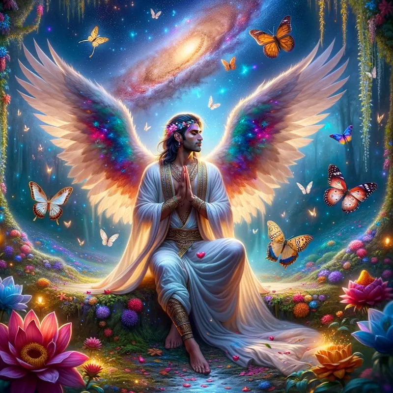 Ethereal Serenity - Spiritual male angel with beautiful wings praying, glitter, Rhonda flowers, galaxy, butterfly's, hearts, sparkles, universe, firefly's, waterfall, garden, fantasy forest, beautiful lit, insanely detailed, stunning environment, spiritual, colorful, illustration, enchanting, fantasy, vibrant colors, incredibly lifelike, realistic - AI image generated with Art
