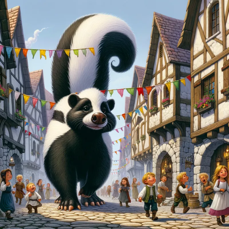 Ethereal Skunk Walk - An enchanting daytime stroll of the adorable giantess skunk through the heart of a medieval city, with colorful banners fluttering in the breeze and children playing at her feet. - AI image generated with Art