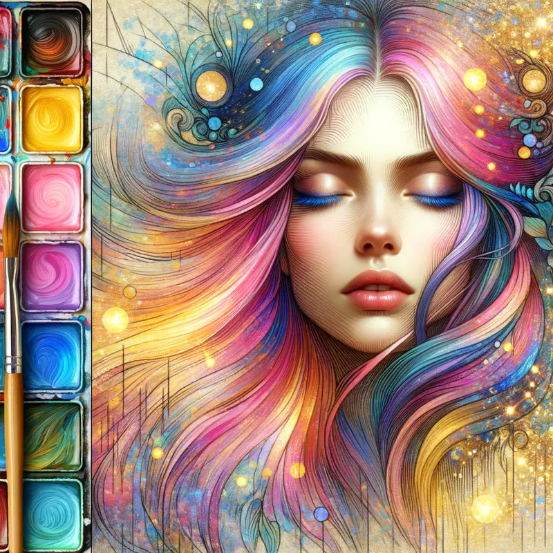 Ethereal Star Goddess - a female with pink purple blue hair with bright blue eyes ( or eyes shut)  in the style of the stars art group, sparkling golden rain drops, romantic illustrations, intense lines, gongbi, loose paint application. - AI image generated with Art