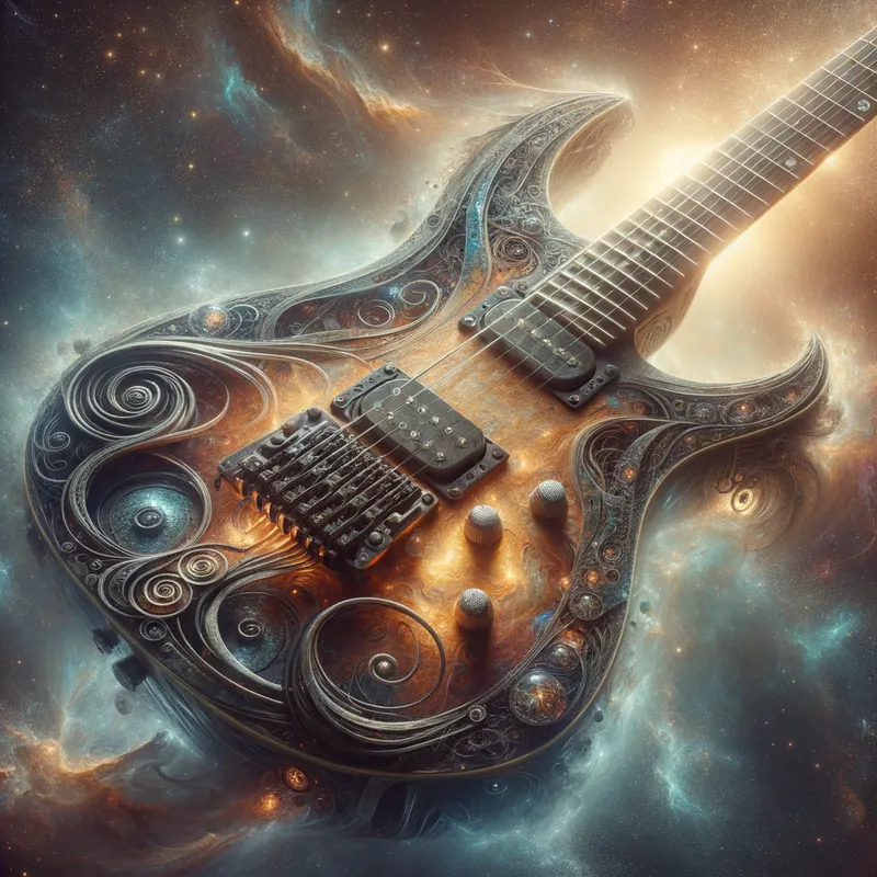 Ethereal Strings - An electric guitar that combines elements of exotic materials and heavy metals, with an ethereal aura. The body flows with smooth curves, intricate metalwork, and glowing fret markers, set against a dreamy, celestial backdrop. - AI image generated with Art