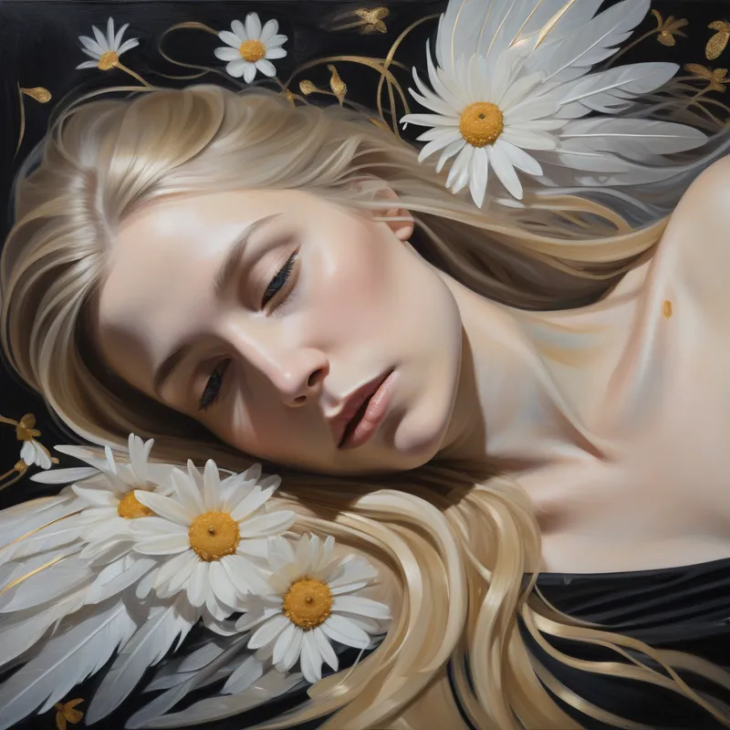 Ethereal Winged Daisy Muse - Oil painting of a close-up portrait of a graceful woman lying on her stomach in an elegant pose. Her extremely long bioluminescent blonde hair glows softly as it flows across the scene. Her large feathered wings spread wide behind her in tones of white, grey, beige, and muted gold, adorned with daisies throughout. She wears a black top with a layered white skirt and stylish boots. A floral daisy crown frames her face. The dark gris background features soft mist reflections, sparkling falling glitter, and daisies on the ground for a magical fantasy aesthetic. - AI image generated with Photorealistic - chalk, alcohol ink