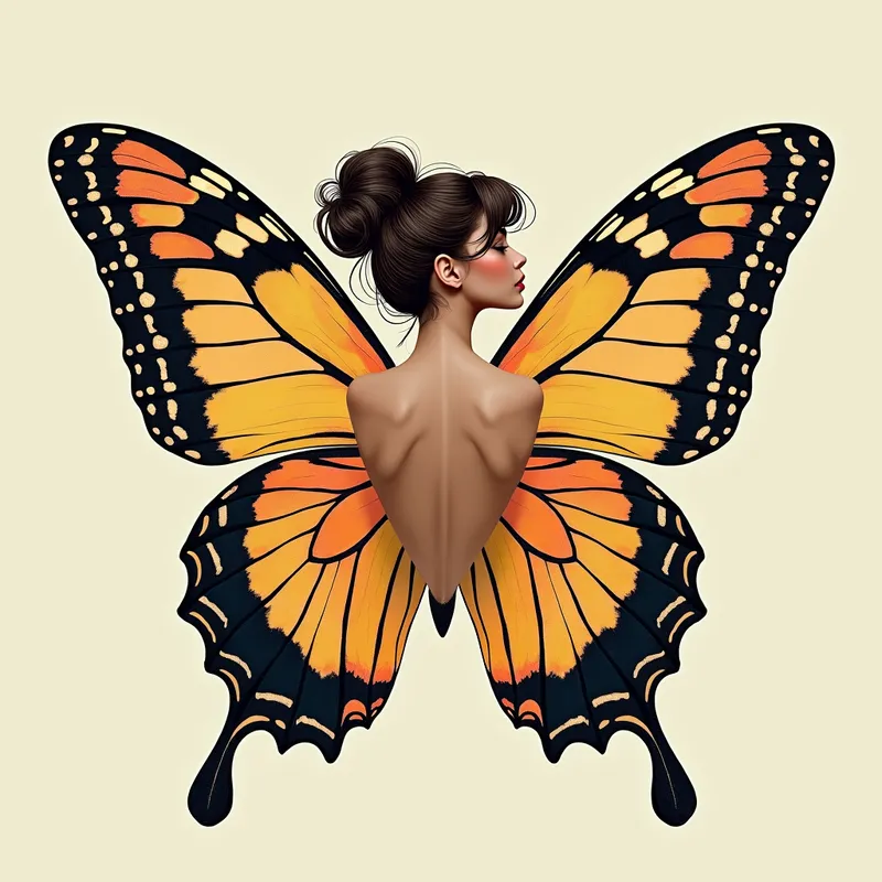 Ethereal Winged Woman - A captivating illustration of a woman with her hair elegantly styled up, forming an integral part of mystical butterfly wings. The wings are vibrant and ornate, encompassing the woman's figure harmoniously. - AI image generated with Photorealistic 2