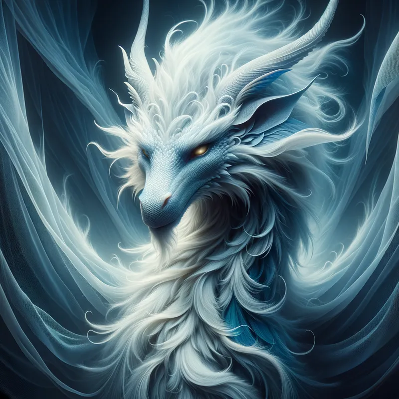 Ethereal Wyrm - The image is centered on a mystical dragon that embodies an ethereal spirit. It stares ahead with a profound, serene, yet commanding gaze. A full, flowing mane with white and light blue strands shines around its visage. The base of its white fur delicately shifts into light blue shades, and its narrow yellow eyes add a fierce contrast. - AI image generated with Art - photorealistic, fantasy art, gothic