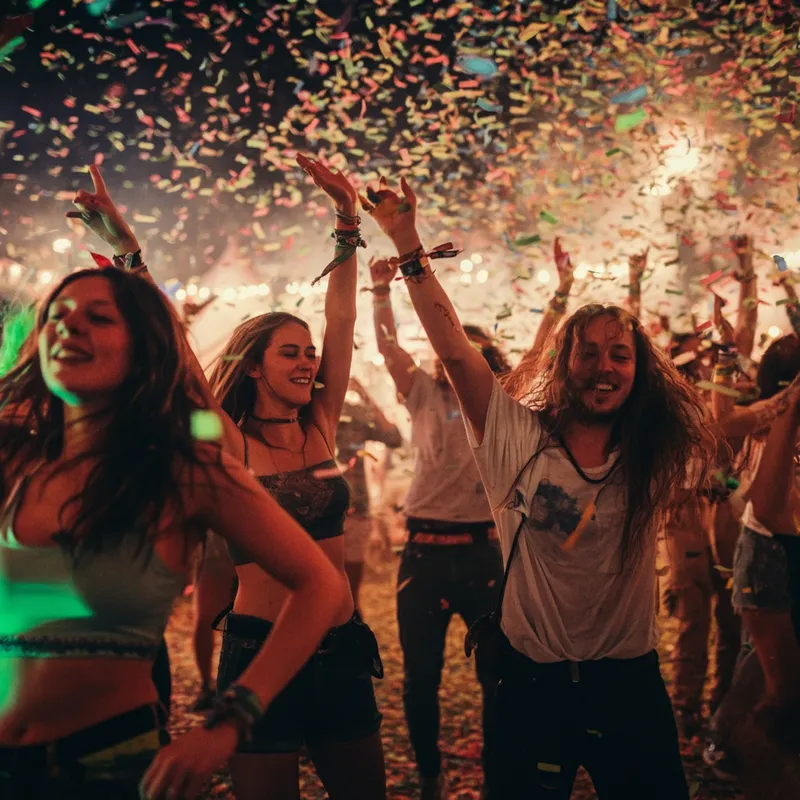Euphoric Dance - A group of people dancing exuberantly at a festival, with colorful confetti and lights all around, capturing the essence of euphoria and collective happiness. - AI image generated with Imagen 3