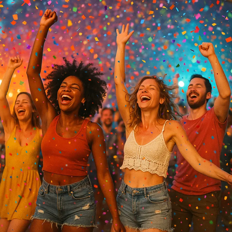 Euphoric Dance - A group of people dancing exuberantly at a festival, with colorful confetti and lights all around, capturing the essence of euphoria and collective happiness. - AI image generated with GPT Image