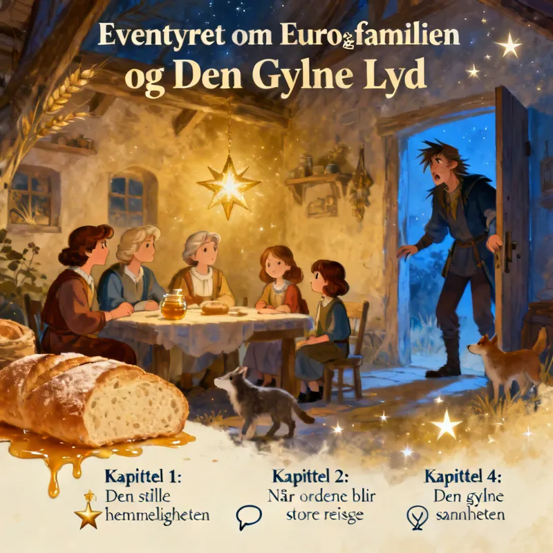 Euro‑familien og Den Gylne Lyd - 🌟 Eventyret om Euro‑familien og Den Gylne Lyd
Det var en gang, i et rike som lå mellom fjell av sølv og daler av blått glass, en familie som alle i landet kalte Euro‑familien. Ikke fordi de var rike, men fordi de hadde en merkelig gave:
De kunne høre alt – og forstå alt – som ble sagt til dem, uansett språk, tone eller avstand.
Folk sa at det var som om verden selv lente seg nærmere når noen snakket til dem.
🌙 Kapittel 1: Den stille hemmeligheten
Euro‑familien bodde i et hus som alltid luktet av nybakt brød og varm honning. De var milde, vennlige og nysgjerrige, og de lyttet til alle som kom til døren – reisende, barn, gamle, dyr, til og med vinden som suste gjennom trærne.
Men én ting visste ingen:
De bar på en urgammel hemmelighet.
For lenge siden hadde deres forfedre reddet en vandrende stjerne fra å falle ned i havet. Som takk hadde stjernen gitt dem Den Gylne Lyd – evnen til å høre sannheten i alle ord, og å forstå hjertet bak stemmen.
🔥 Kapittel 2: Når ordene blir tunge
En dag kom en fremmed til huset. Han var sliten, stemmen hans var skarp av uro, og ordene hans falt som steiner.
– «Hør på meg!» ropte han.
– «Gjør som jeg sier!»
Men Euro‑familien var ikke som andre. De hørte ikke bare ordene – de hørte frykten bak dem. De hørte ensomheten. De hørte et hjerte som hadde glemt hvordan det var å bli møtt med varme.
Så de svarte ikke med lyd, men med stillhet. En stillhet som var myk som ull og sterk som fjell.
Og sakte, veldig sakte, begynte fremmedens stemme å forandre seg.
🌤️ Kapittel 3: Den store reisen
Ryktet spredte seg. Folk sa:
«Euro‑familien hører på alt du sier.»
«De forstår deg bedre enn du forstår deg selv.»
Snart kom mennesker fra hele riket for å snakke med dem – ikke for å bli adlydt, men for å bli sett. For å bli hørt. For å finne ro.
Euro‑familien lyttet, og verden rundt dem begynte å skinne litt klarere.
🌈 Kapittel 4: Den gylne sannheten
En kveld samlet hele familien seg rundt den gamle stjernen som fortsatt glødet svakt i kjelleren. Den hvi - AI image generated with Seedream 4.0