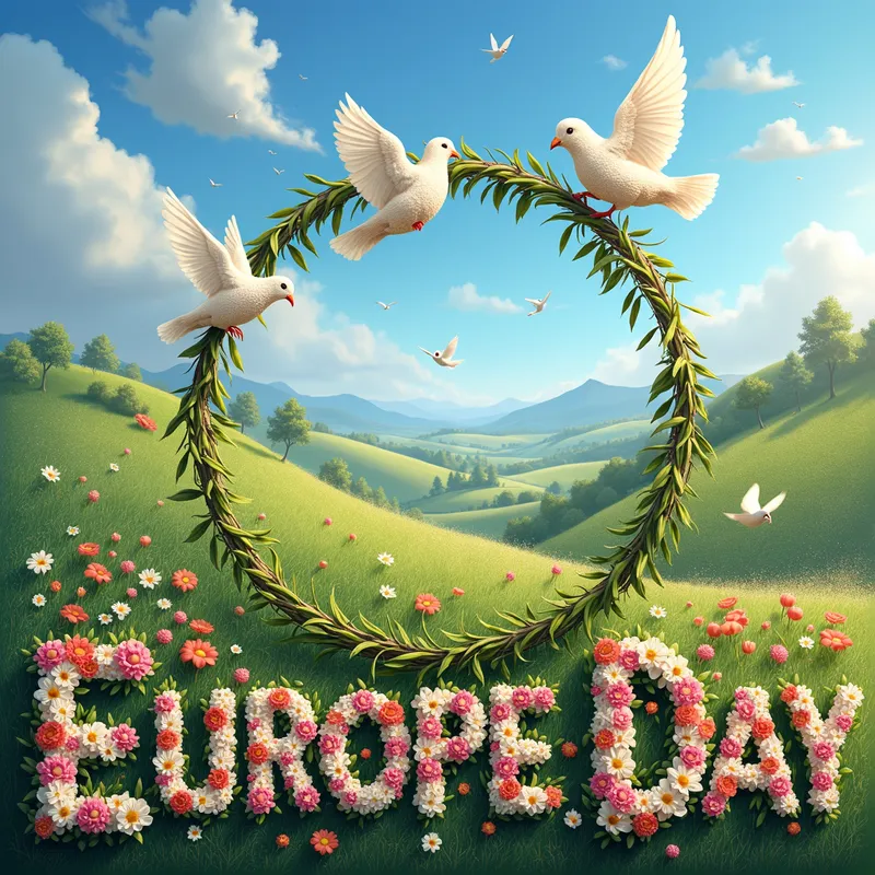 Europe Day: Unity in Bloom - Image celebrating peace and unity in Europe with a beautiful landscape, doves flying in the sky, and Hercules knots made out of olive branches. At the bottom the words "Europe Day" are made from spring flowers. - AI image generated with Text - vivid colors