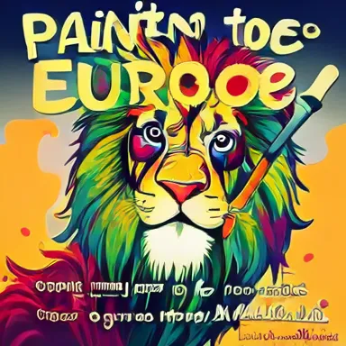 Europe Painting Drive - A flamboyant, cartoon-style poster with a multi-colored theme, portraying a face-painted lion with a paint brush. The large text says 'Painting to Europe.' In smaller letters, it reads, '5 dollar minimum per face, free to give more, proceeds go to funding Melah Mackalls Star of North Dakota trip!'