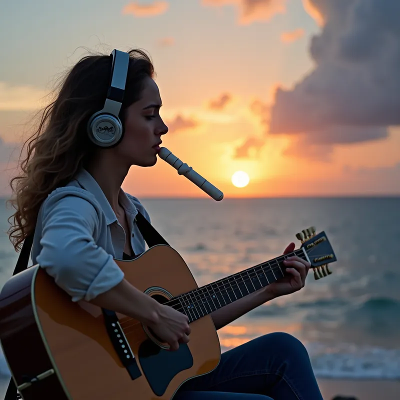 Evening Cool - Produce a serene, ambient song using a mix of acoustic guitar, flute, and ambient pads, capturing the cool, calm feel of a tranquil evening. - AI image generated with Photorealistic 2