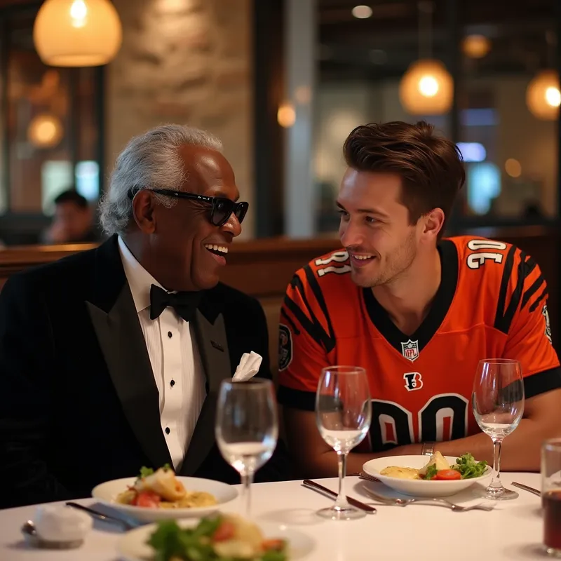 Evening Melodies and Touchdowns - Ray Charles, immaculate in a black tuxedo, sharing a lively dinner conversation with Jake Browning in his eye-catching Cincinnati Bengals jersey. They are surrounded by music-themed decor in an upscale, modern restaurant. - AI image generated with Photorealistic 2