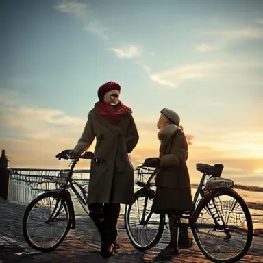 Evening Reflection - A nostalgic photograph featuring a man and a woman in European winter outfits, sharing an evening walk by the seaside during sunset. A bicycle stands nearby, enhancing the mood of reminiscence and tranquility. - photorealistic
