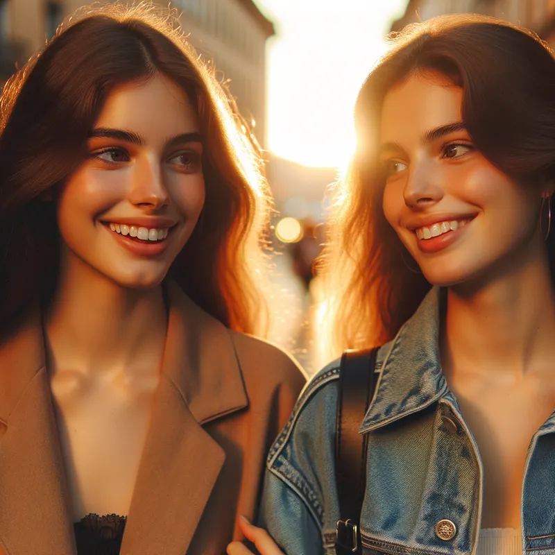 Evening Stroll - Lisa and Megan, both 22 years old with brown hair, walking side by side on a city street lit by golden evening light, sharing smiles and stories. - AI image generated with Art