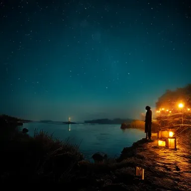 Evening Whispers - An idyllic riverside environment under the starry night sky, where a figure waits by the riverbank, illuminated by the moonlight and gentle glow of lanterns, capturing the essence of sweet anticipation for their lover. - highlights: Nikon D700, Nikkor 50mm 1.8, copper relief, grain effect
