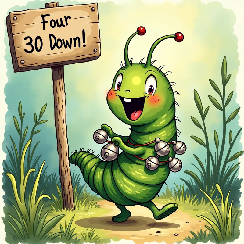 Excited Caterpillar with Silver Bells - An adorable and excited caterpillar hugging five big  silver bells and jumping up and down with a backdrop of lush greenery and morning dew that has a sign that says, "30 down!". There must be FOUR bells only. - AI image generated with Photorealistic 2 - cartoony, doodle, alcohol ink