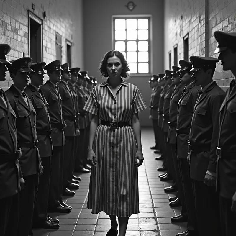 Execution Ascent - Death penalty 70s, convicted female prisoner is led up the steps to the gallows by strict guards - AI image generated with Photorealistic 2