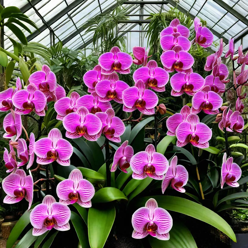 Exotic Elegance - An elegant array of pink orchids cascading in a lush tropical greenhouse, showcasing their vibrant colors and graceful forms. - AI image generated with Photorealistic