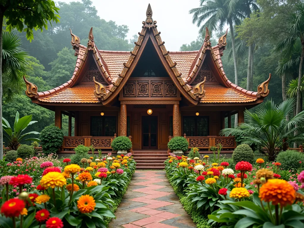 Exotic Flora Filipino Palace - A stunning representation of a bahay kubo turned into a magical palace set in an exotic garden. The palace features detailed Filipino woodcarvings and patterns throughout its structure. The garden is vibrant, filled with rare flowers in various colors that are inspired by traditional Filipino motifs, creating a unique and captivating scene. - AI image generated with Photorealistic 2