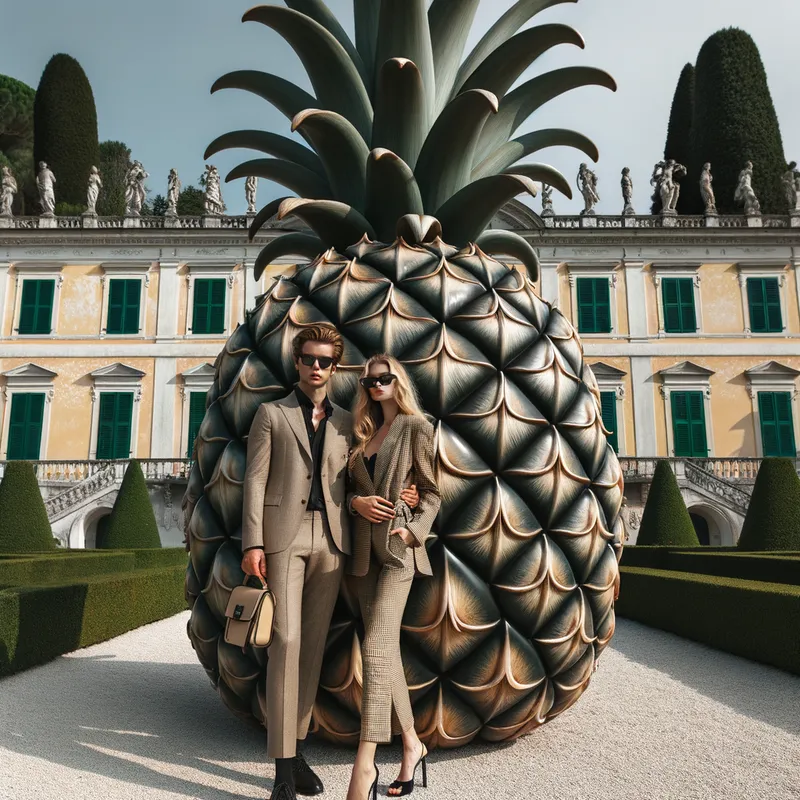 Exotic Passion - A stylish couple intimately close to each other beside a colossal, upside-down pineapple in a lavish garden. - AI image generated with Art
