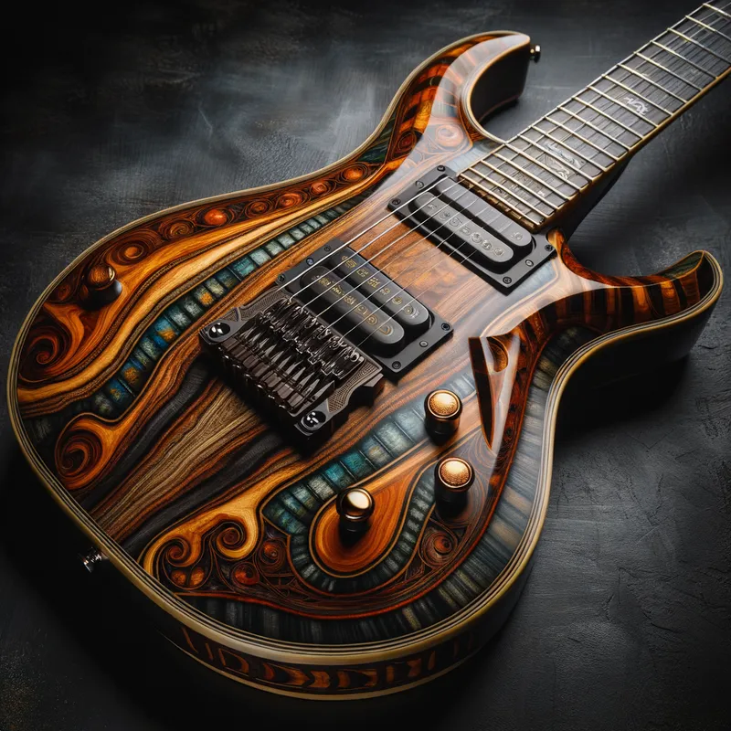 Exotic Shredder - A visually striking electric guitar with a body made from rare, exotic woods, featuring intricate inlays and vibrant colors reminiscent of precious metals, set against a dark, moody background. - AI image generated with Art