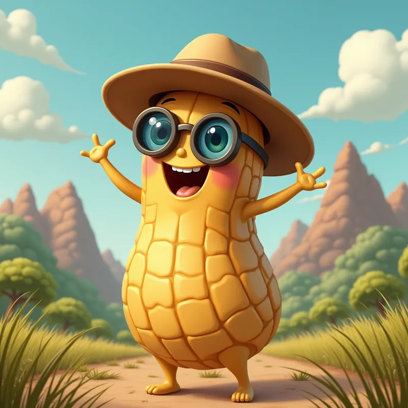 Explorer Peanut - A charming peanut with binocular eyes, wearing a safari hat, and looking excitedly at an exotic landscape. - AI image generated with Photorealistic 2