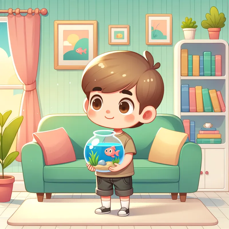 Exploring Curiosities - A boy observing a fishbowl he holds. The living room around him is bright and cheerful, with pastel-colored walls, a comfortable couch, and bookshelves filled with storybooks and knick-knacks. A sense of wonder and exploration fills the scene. - AI image generated with Art - cartoony