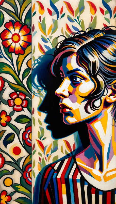 Expressionist Portrait with Fauvist Flor - 3/4 view of a young woman, inspired by expressionist techniques with fauvist-inspired color contrasts and strong, graphic shadows. The background is a patterned wallpaper filled with stylized, vibrant flowers. - AI image generated with Art