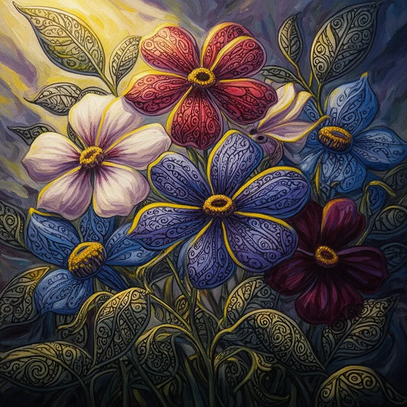 Expressionist Zentangle Floral Reverie - A highly detailed, vibrant floral artwork showcasing whimsical zentangle flowers as the focal point. The petals are painted in ivory, purple-red, blueberry, and wine shades with bright yellow highlights, each decorated with precise and intricate zentangle patterning. The background features leaves and stems covered in elaborate doodle-like motifs, enhanced by scrollwork and filigree contours. Dramatic, dynamic lighting gives the scene a surreal and expressionistic mood while drawing attention to the fine brush-stroke textures. - AI image generated with Flux 2