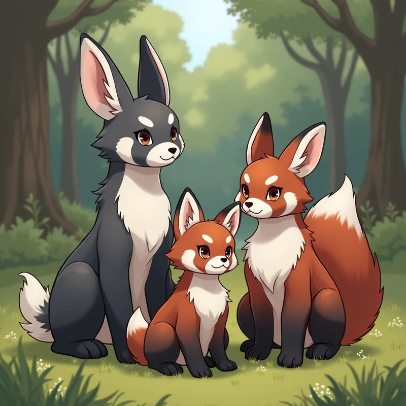Expressive Eyed Hybrid Mammal Group - A family unit of hybrid creatures with the body shape and athletic build of jackrabbits, combined with the long, bushy tails and facial softness of red pandas. Their long fur mixes layers of gray, black, white, and deep red, and each has prominent, soulful eyes. The setting is a grassy woodland clearing. - AI image generated with Photorealistic 2
